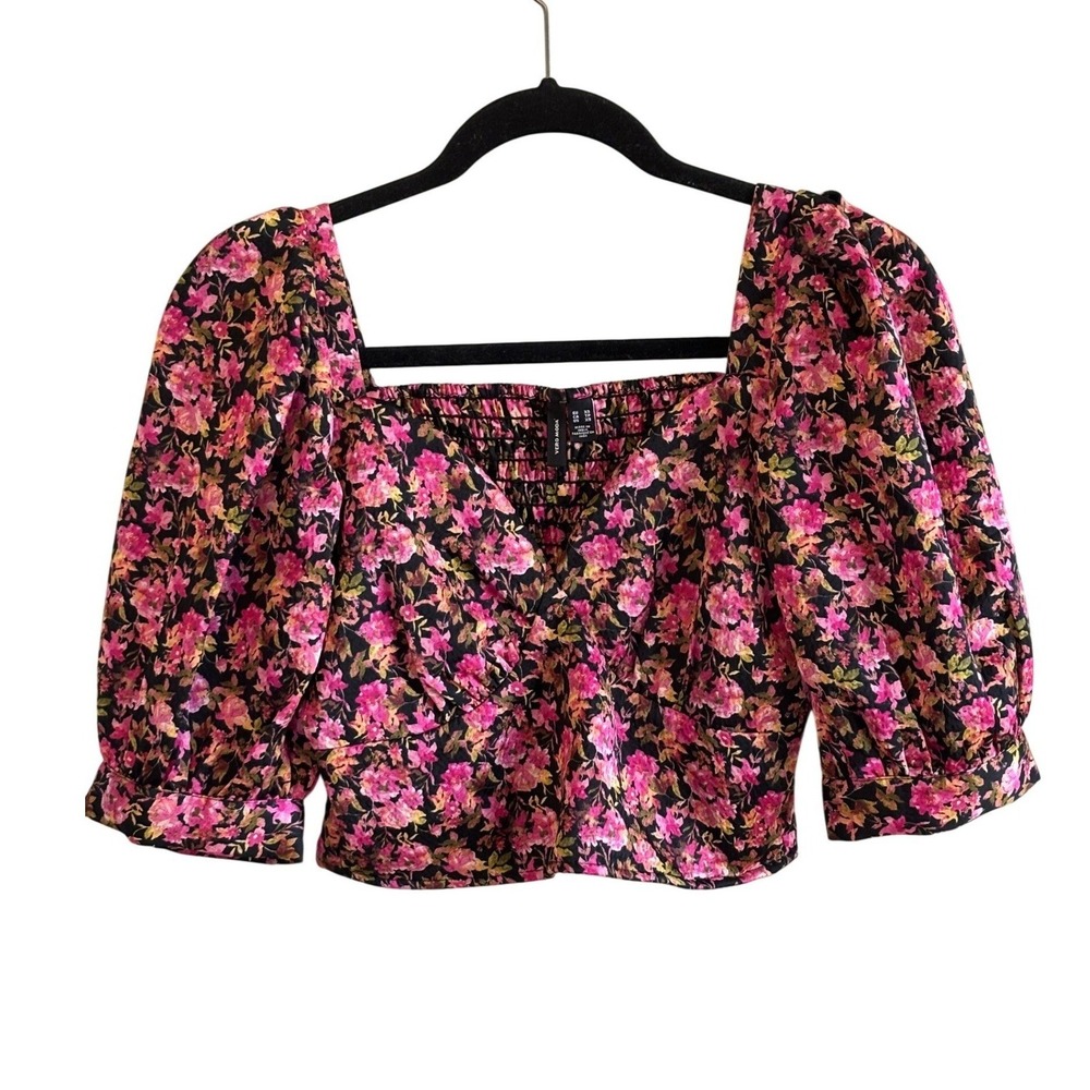 Vero Moda Floral Crop Top Pink Black XS Puff Sleeve Sweetheart Smocked